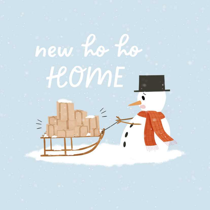 Kerstkaarten - Kerstverhuiskaart met sneeuwpop en slee met dozen