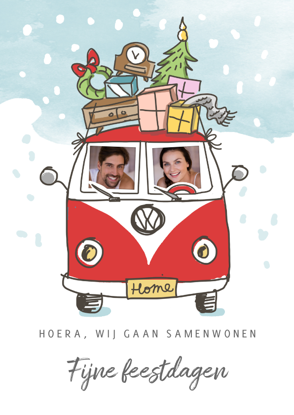 Kerstkaarten - Kerstverhuiskaart met volkswagenbusje en kerstboom op dak