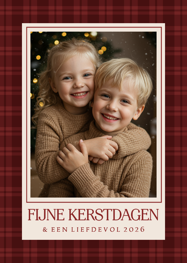 Kerstkaarten - Klassiek kerstkaartje ruitjespatroon rood met foto