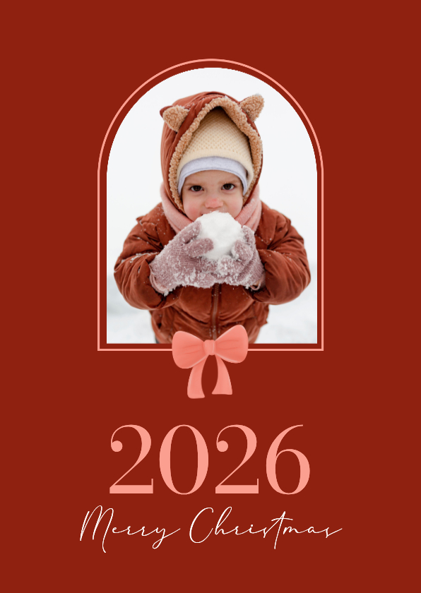 Klassiek rode kerstkaart met foto en strik - Kerstkaarten Kerstkaarten - Klassiek rode kerstkaart met foto en strik