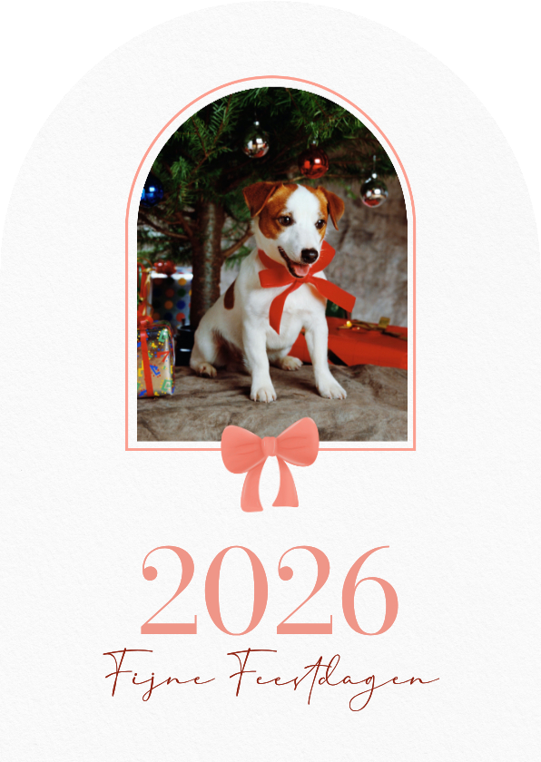 Kerstkaarten - Klassieke kerstkaart boogvorm met foto en rode strik