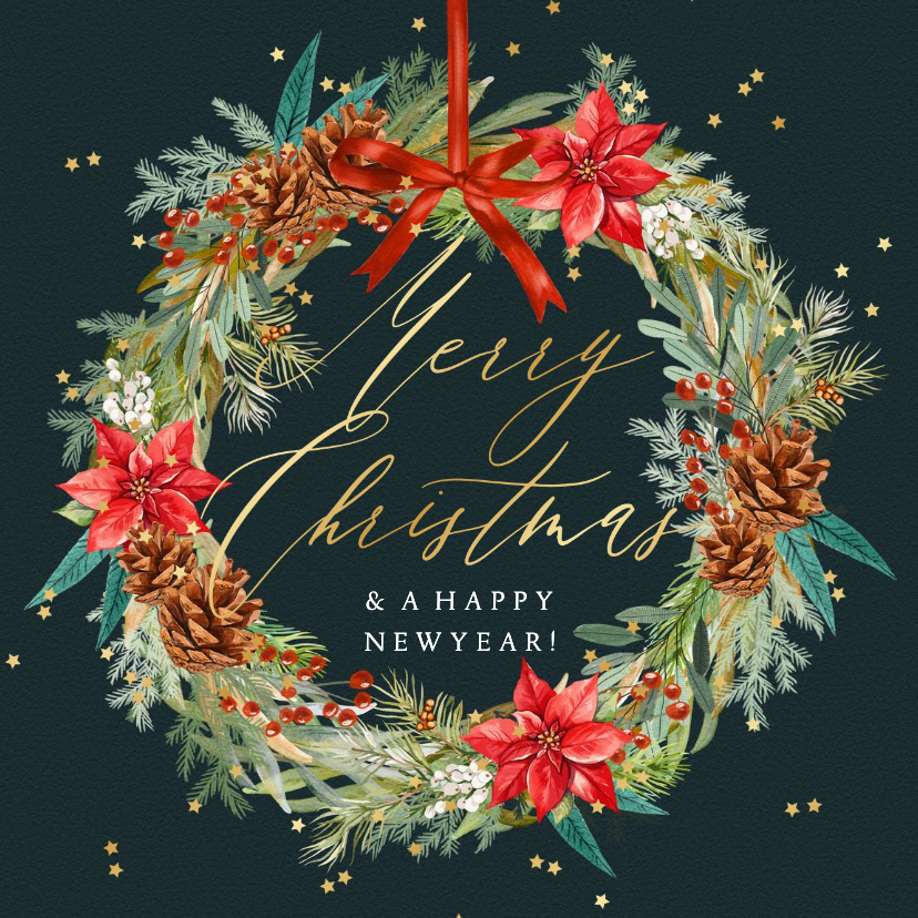 Klassieke kerstkaart botanische kerstkrans goud sterren - Kerstkaarten Kerstkaarten - Klassieke kerstkaart botanische kerstkrans goud sterren
