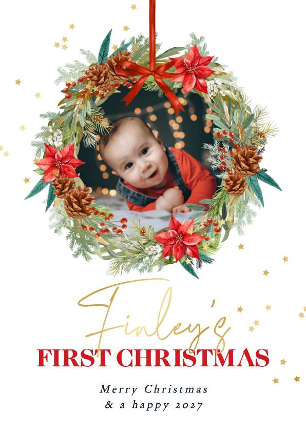 Klassieke kerstkaart eerste kerst botanisch krans foto - Kerstkaarten Kerstkaarten - Klassieke kerstkaart eerste kerst botanisch krans foto