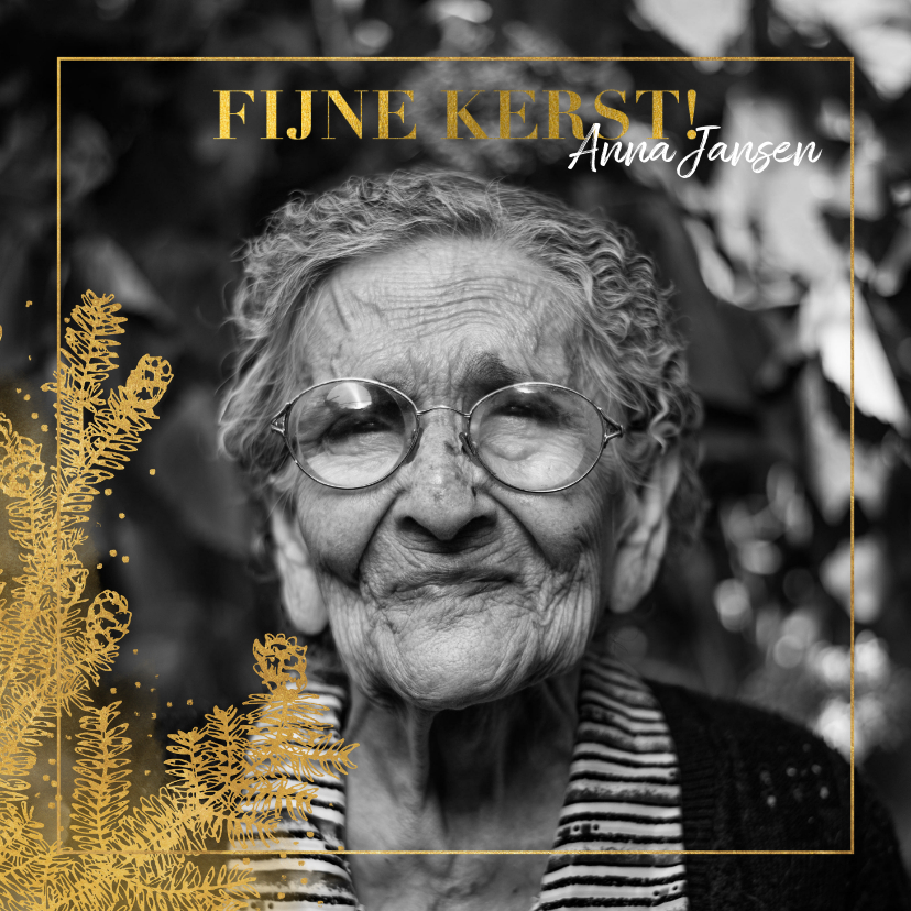 Klassieke kerstkaart met grote foto gouden dennentak & kader - Kerstkaarten Kerstkaarten - Klassieke kerstkaart met grote foto gouden dennentak & kader