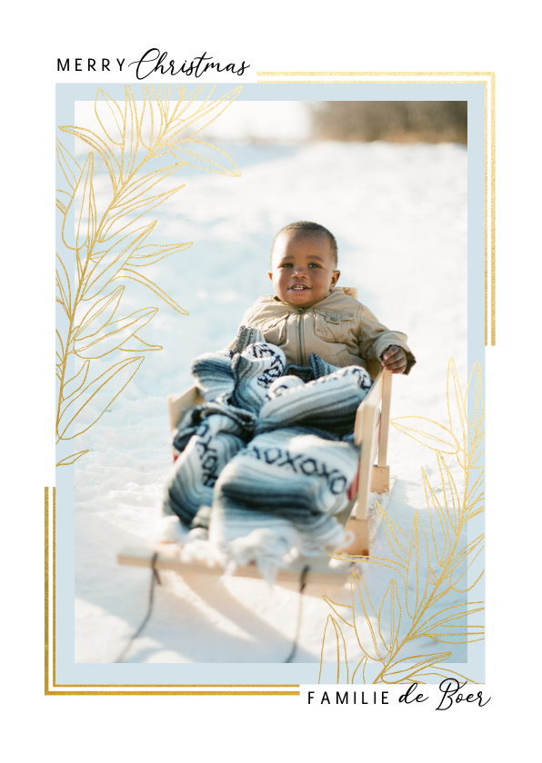 Kerstkaarten - Klassieke kerstkaart met grote foto kader en gouden tak