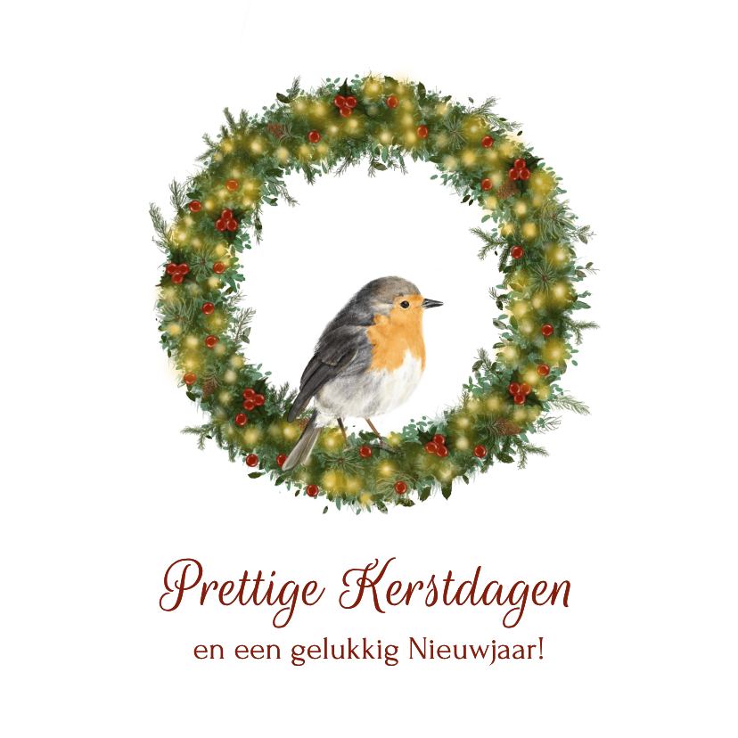 Kerstkaarten - Klassieke kerstkaart met roodborstje in kerstkrans