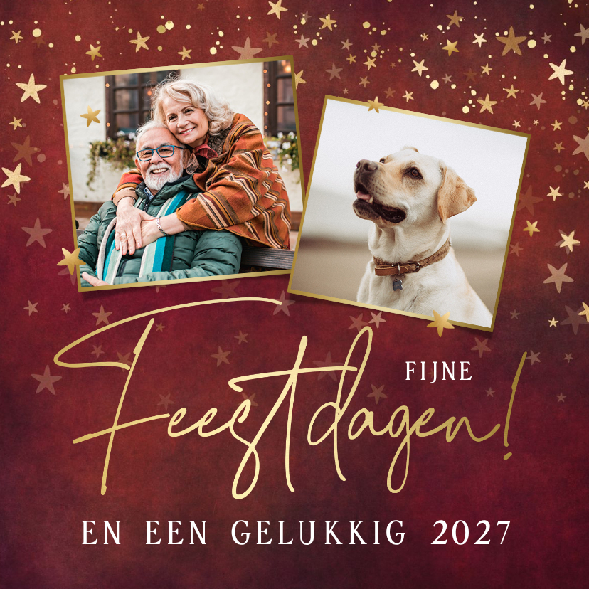 Klassieke rode kerstkaart met 2 eigen foto's en sterren - Kerstkaarten Kerstkaarten - Klassieke rode kerstkaart met 2 eigen foto's en sterren