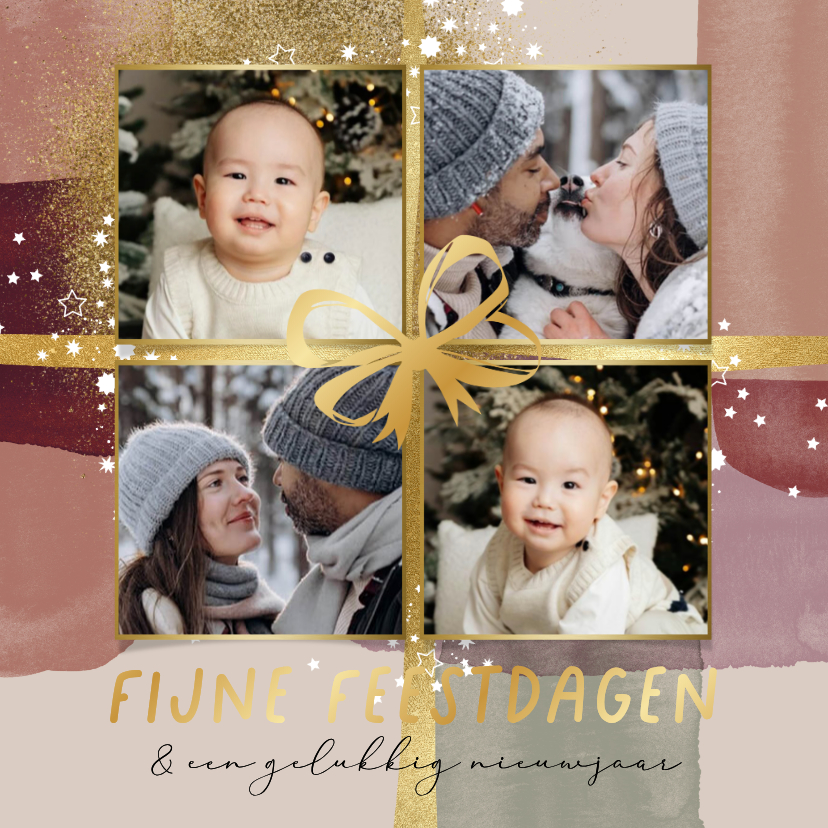 Kleurrijke kerstkaart fotocollage watercolor strik lint goud - Kerstkaarten Kerstkaarten - Kleurrijke kerstkaart fotocollage watercolor strik lint goud