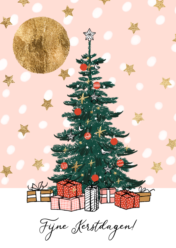 Kerstkaarten - Kleurrijke kerstkaart kerstboom cadeaus goudlook sterren