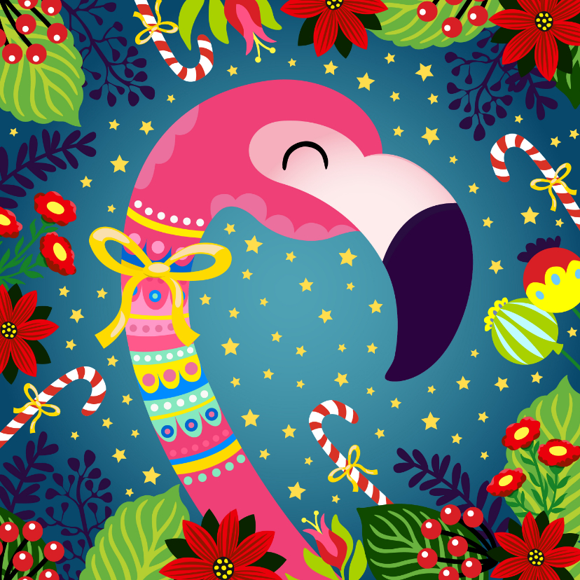 Kleurrijke kerstkaart met flamingo en bloemen - Kerstkaarten Kerstkaarten - Kleurrijke kerstkaart met flamingo en bloemen