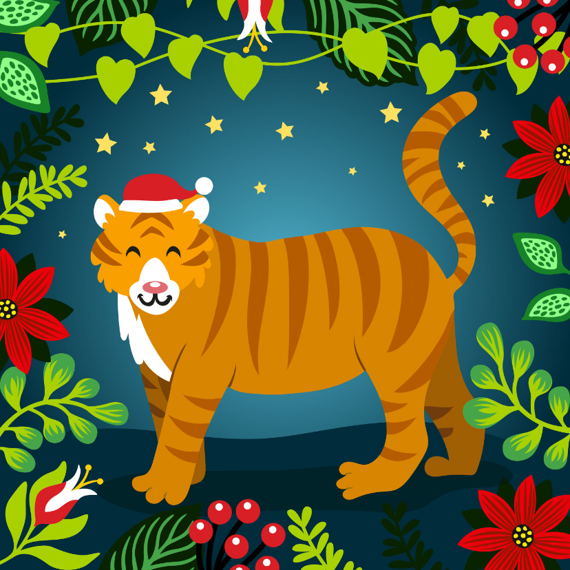 Kerstkaarten - Kleurrijke kerstkaart met tijger in de jungle