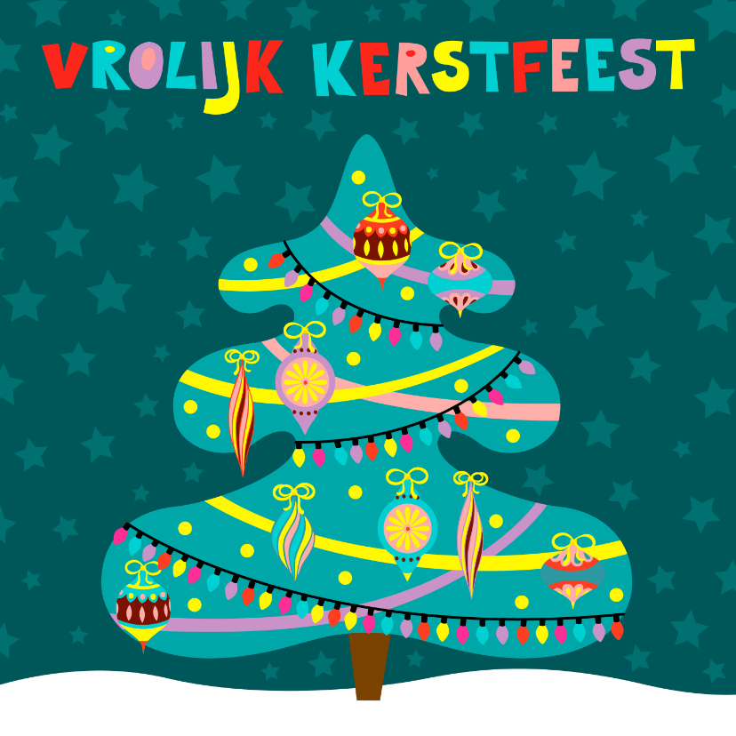 Kleurrijke kerstkaart met versierde kerstboom - Kerstkaarten Kerstkaarten - Kleurrijke kerstkaart met versierde kerstboom