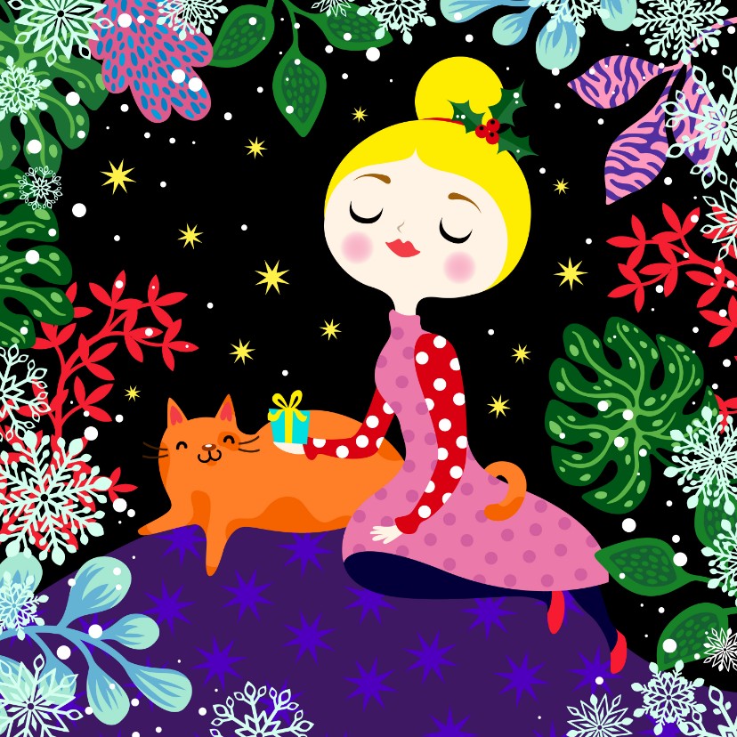 Kerstkaarten - Kleurrijke kerstkaart met vrolijke dame en kat
