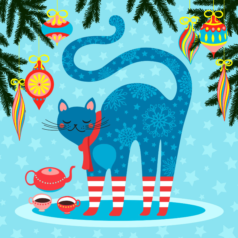 Kleurrijke kerstkaart met vrolijke kat - Kerstkaarten Kerstkaarten - Kleurrijke kerstkaart met vrolijke kat