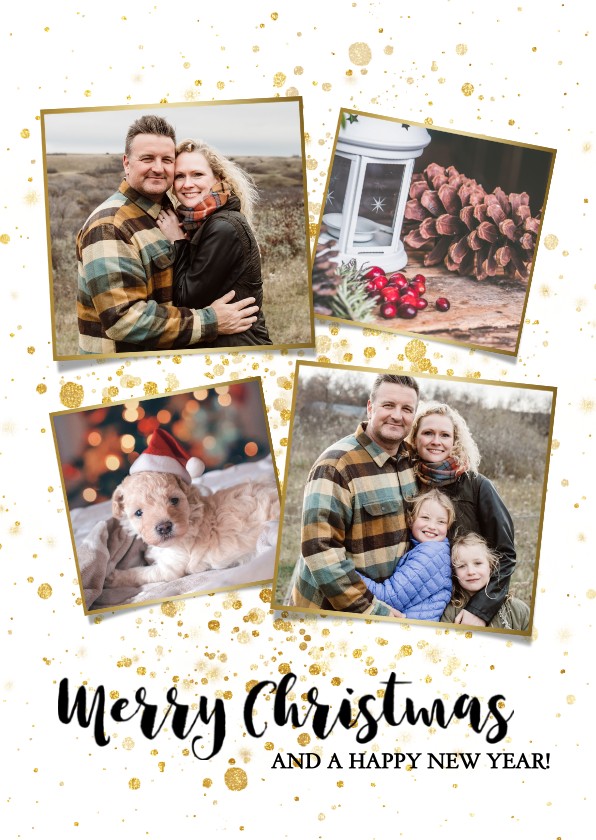 Leuke foto kerstkaart met gouden spetters en typografie - Kerstkaarten Kerstkaarten - Leuke foto kerstkaart met gouden spetters en typografie