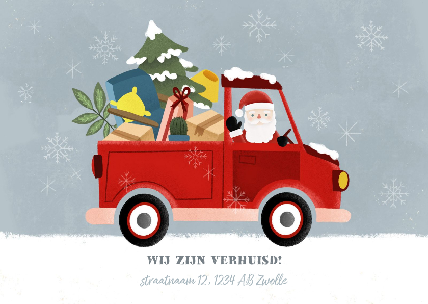 Kerstkaarten - Leuke kerst verhuiskaart met verhuisauto en kerstman