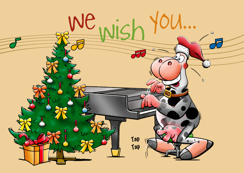 Kerstkaarten - Leuke kerstkaart met een koe die op de piano speelt