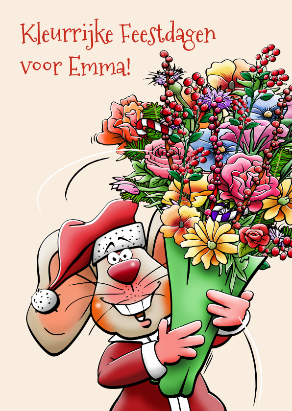 Leuke kerstkaart met muis en bos bloemen - Kerstkaarten Kerstkaarten - Leuke kerstkaart met muis en bos bloemen