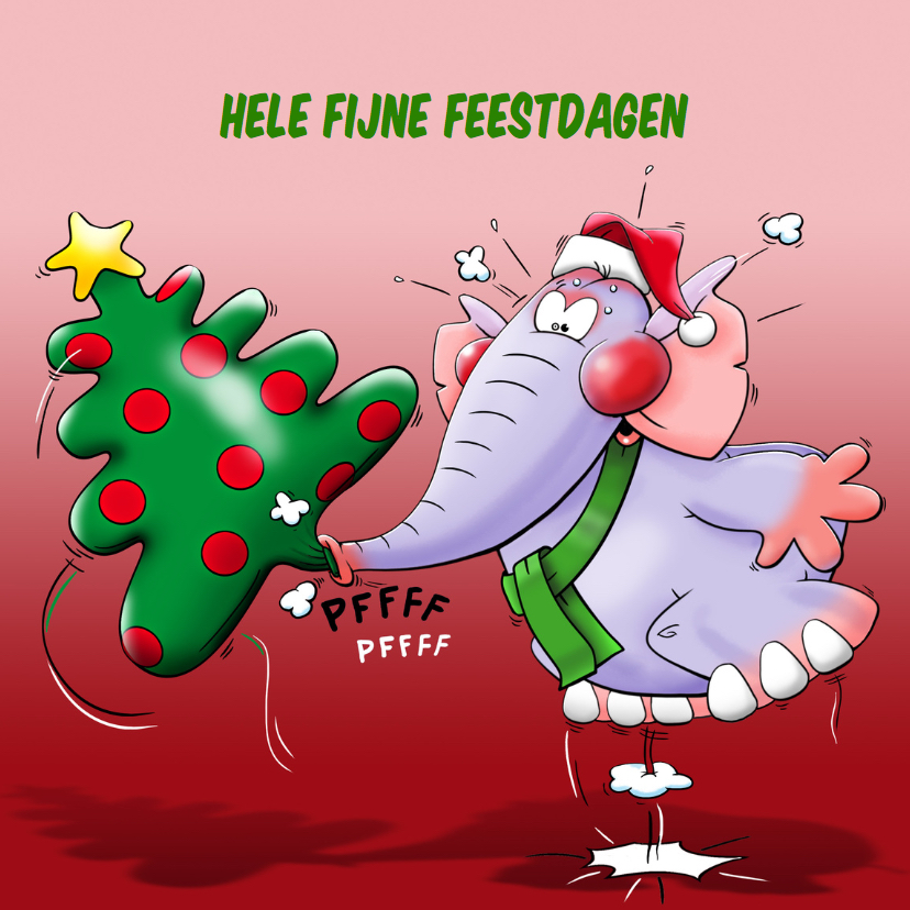 Leuke kerstkaart met olifant en opgeblazen boom - Kerstkaarten Kerstkaarten - Leuke kerstkaart met olifant en opgeblazen boom