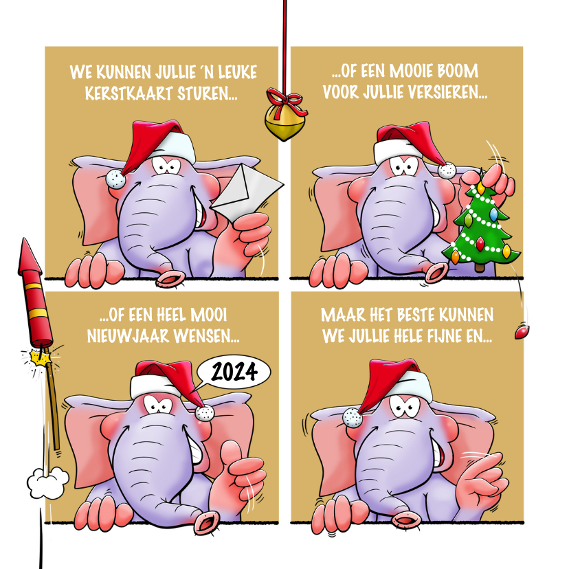 Leuke kerstkaart met olifanten, als stripverhaal. - Kerstkaarten Kerstkaarten - Leuke kerstkaart met olifanten, als stripverhaal.