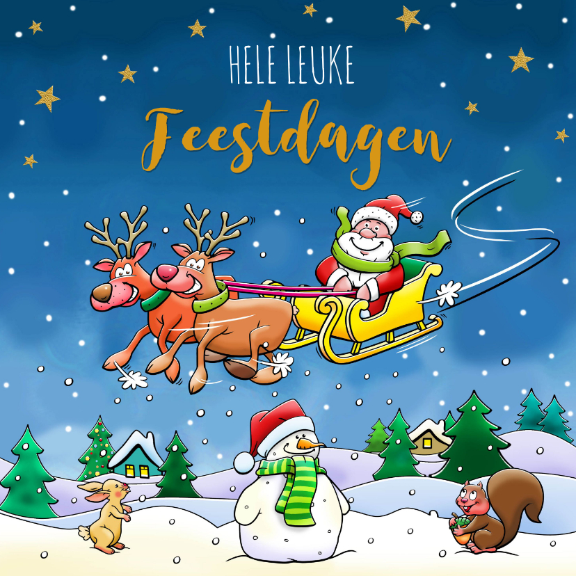 Kerstkaarten - Leuke kerstkaart met vliegende arrenslee en kerstman