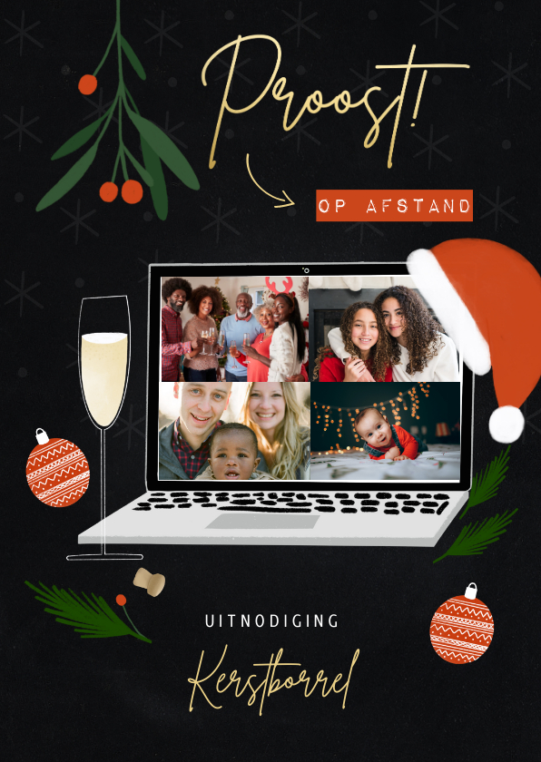 Leuke uitnodiging kerstborrel op afstand met laptop & foto's - Kerstkaarten Kerstkaarten - Leuke uitnodiging kerstborrel op afstand met laptop & foto's