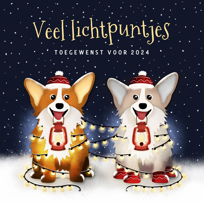 Lichtpuntjes kerstkaart met 2 corgi hondjes en kerstlampjes - Kerstkaarten Kerstkaarten - Lichtpuntjes kerstkaart met 2 corgi hondjes en kerstlampjes