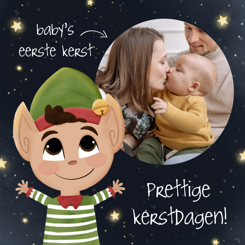 Kerstkaarten - Lief kerstkaartje illustratie kerstelf baby's eerste kerst