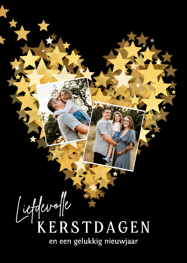 Lief kerstkaartje sterren hart goud en twee foto's - Kerstkaarten Kerstkaarten - Lief kerstkaartje sterren hart goud en twee foto's