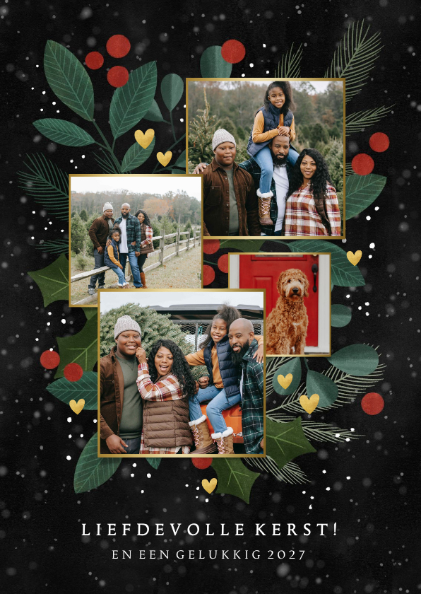Liefdevolle fotocollage kerstkaart met takjes en hartjes - Kerstkaarten Kerstkaarten - Liefdevolle fotocollage kerstkaart met takjes en hartjes