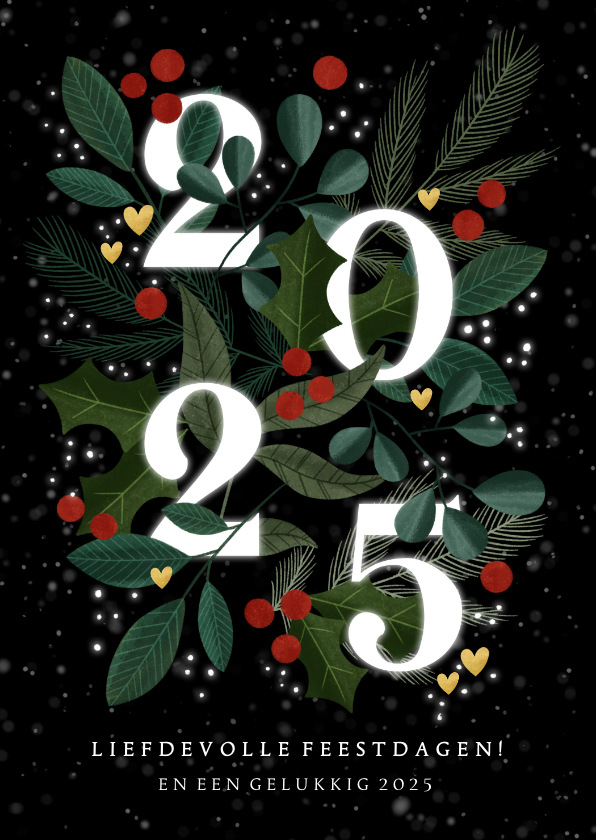 Liefdevolle kerstkaart 2025 met takjes& hartjes Kaartje2go