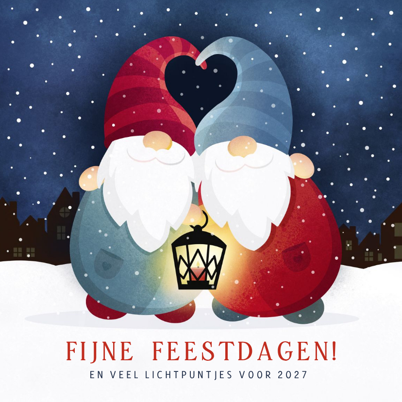 Liefdevolle kerstkaart met 2 kerstkabouters in de sneeuw - Kerstkaarten Kerstkaarten - Liefdevolle kerstkaart met 2 kerstkabouters in de sneeuw