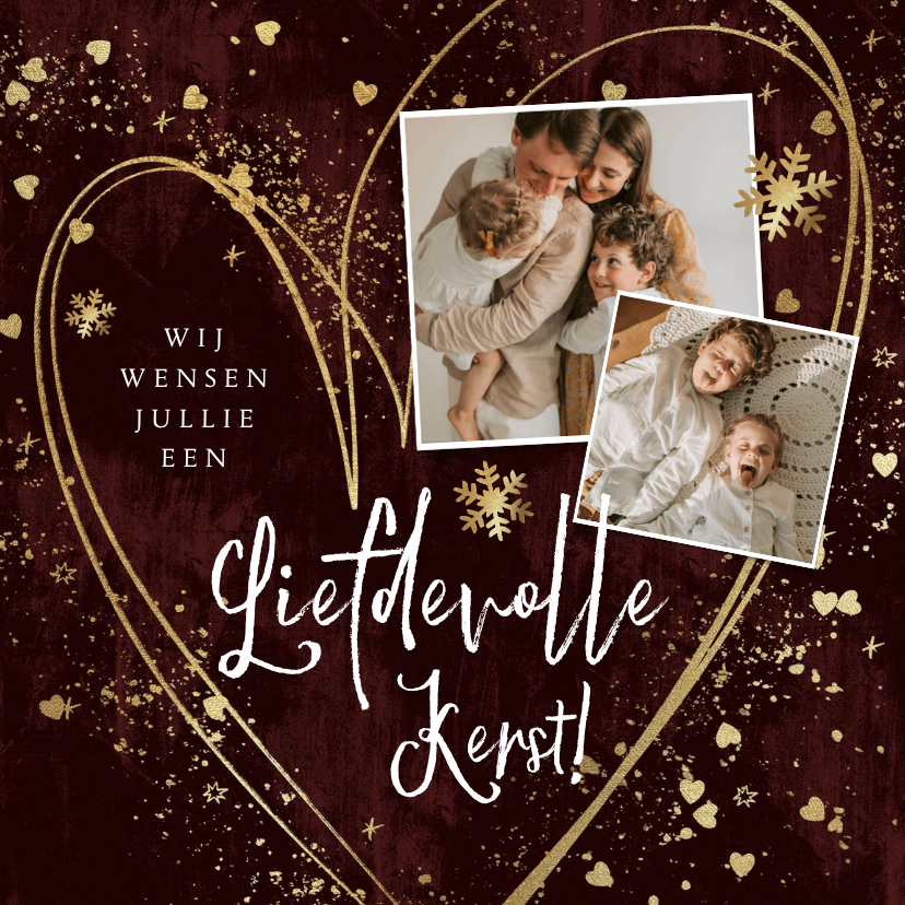 Kerstkaarten - Liefdevolle kerstkaart met hart sterretjes en spetters goud