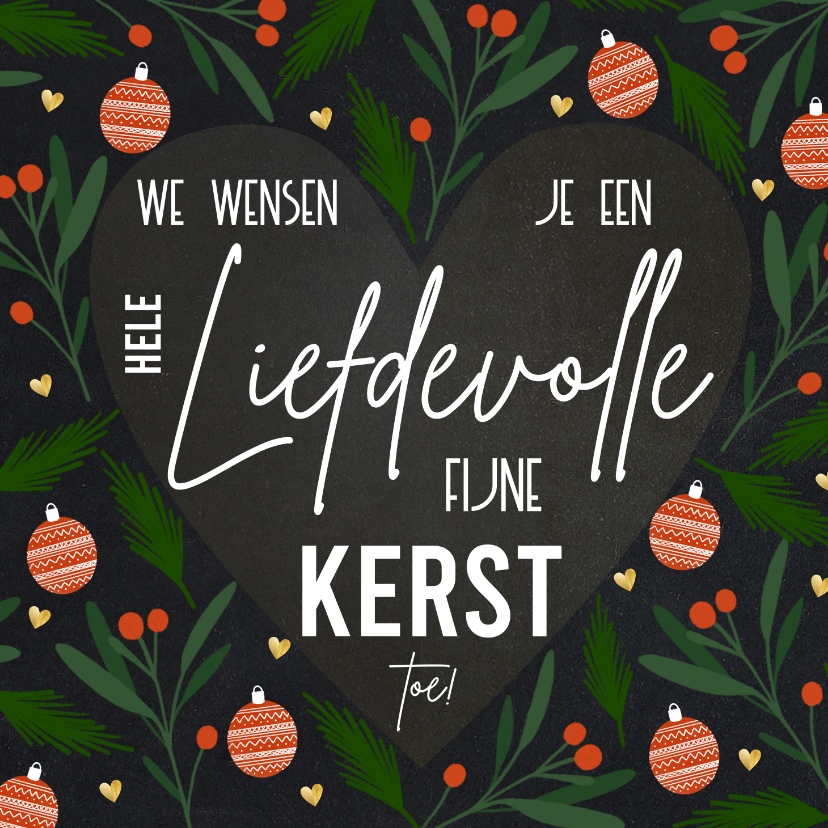 Kerstkaarten - Liefdevolle kerstkaart tekst in hartvorm en kerstelementen