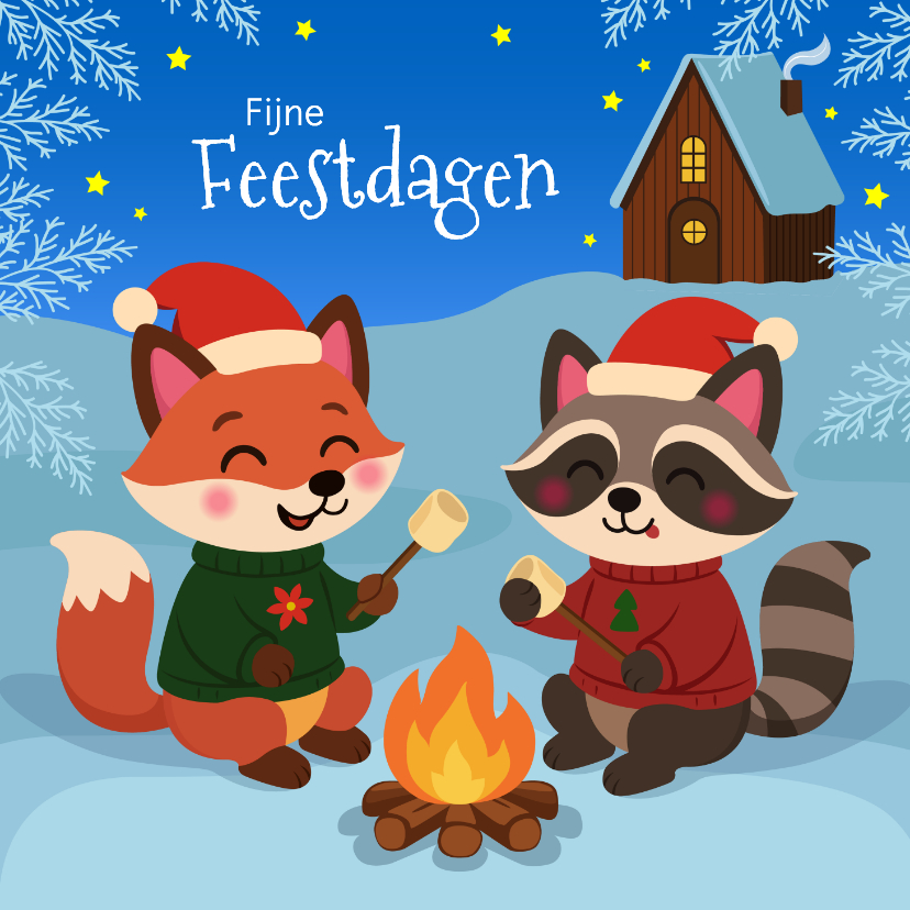 Kerstkaarten - Lieve en grappige kerstkaart met dieren bij kampvuur