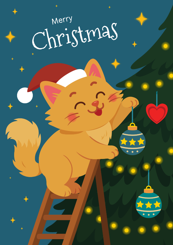 Kerstkaarten - Lieve kat die kerstboom versiert