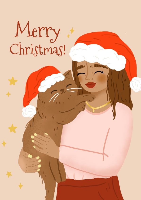 Lieve kerstkaart illustratie vrouw met kat - Kerstkaarten Kerstkaarten - Lieve kerstkaart illustratie vrouw met kat