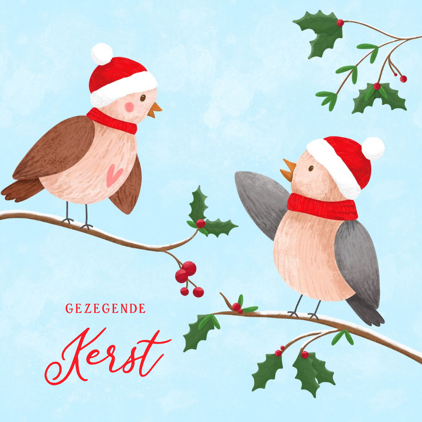 Kerstkaarten - Lieve kerstkaart met illustratie van twee musjes