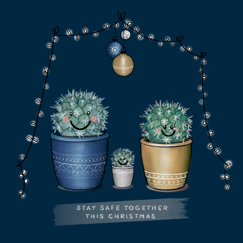 Lieve kerstkaart met illustratie van vrolijk cactusgezin - Kerstkaarten Kerstkaarten - Lieve kerstkaart met illustratie van vrolijk cactusgezin