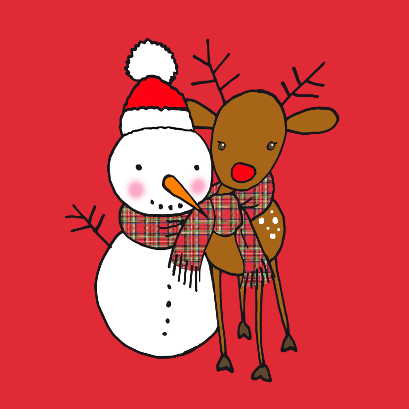 Lieve kerstkaart met sneeuwpop en rendier - Kerstkaarten Kerstkaarten - Lieve kerstkaart met sneeuwpop en rendier