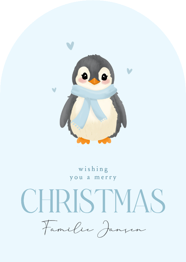 Kerstkaarten - Lieve lichtblauwe kerstkaart boog met baby pinguin
