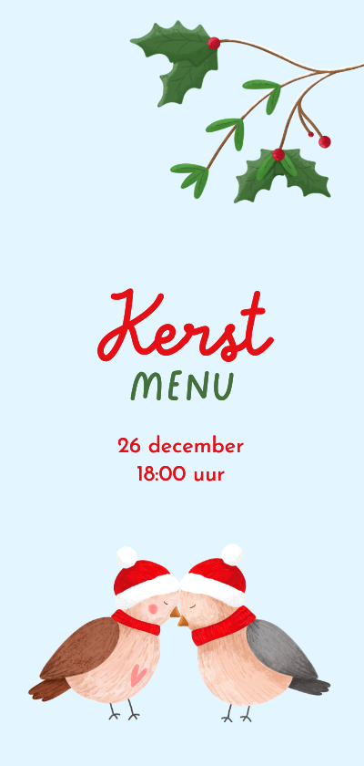 Lieve menukaart met illustratie van twee musjes - Kerstkaarten Kerstkaarten - Lieve menukaart met illustratie van twee musjes