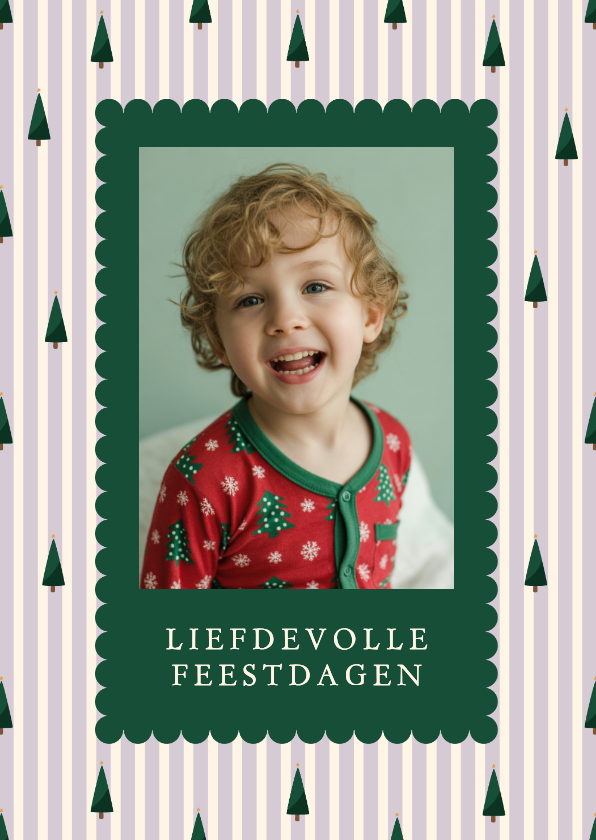 Kerstkaarten - Lila gestreept kerstkaartje met foto en kerstbomen