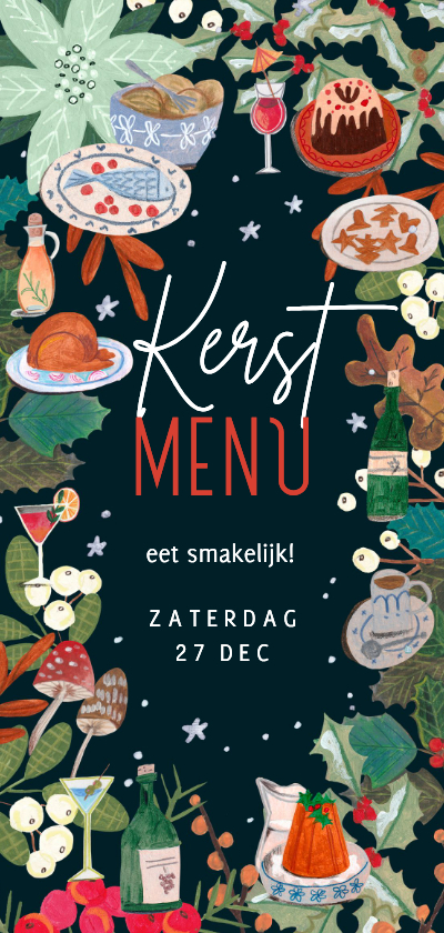Menukaart botanisch kerstdiner maaltijden en dranken - Kerstkaarten Kerstkaarten - Menukaart botanisch kerstdiner maaltijden en dranken