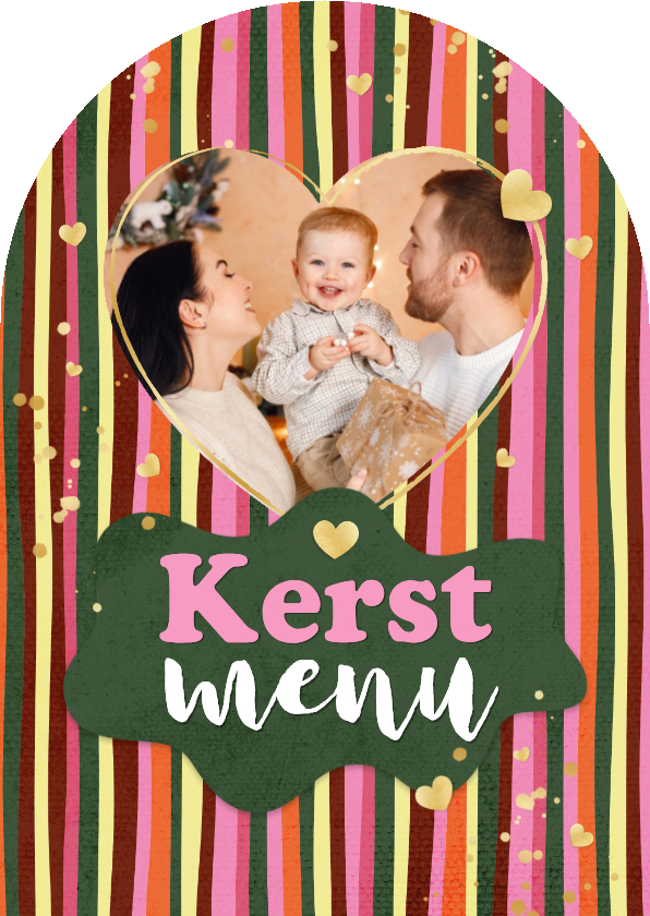 Menukaart hip streepjes kerst diner hartjes goud - Kerstkaarten Kerstkaarten - Menukaart hip streepjes kerst diner hartjes goud