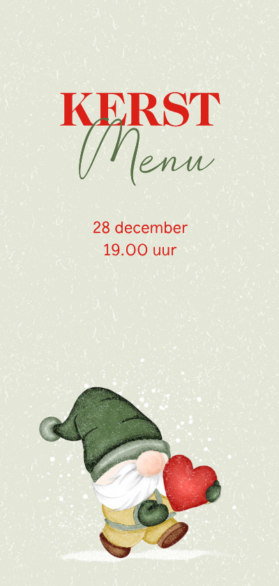 Menukaart kerst kabouter draagt hart - Kerstkaarten Kerstkaarten - Menukaart kerst kabouter draagt hart