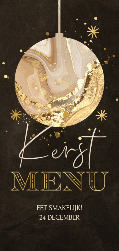 Menukaart kerstdiner donkerbruin met marmer kerstbal - Kerstkaarten Kerstkaarten - Menukaart kerstdiner donkerbruin met marmer kerstbal