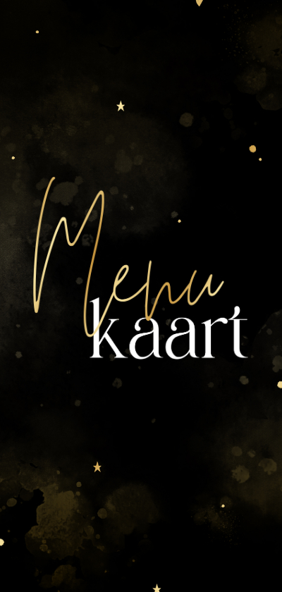 Menukaart kerstdiner zwart met goud hartjes en waterverf - Kerstkaarten Kerstkaarten - Menukaart kerstdiner zwart met goud hartjes en waterverf