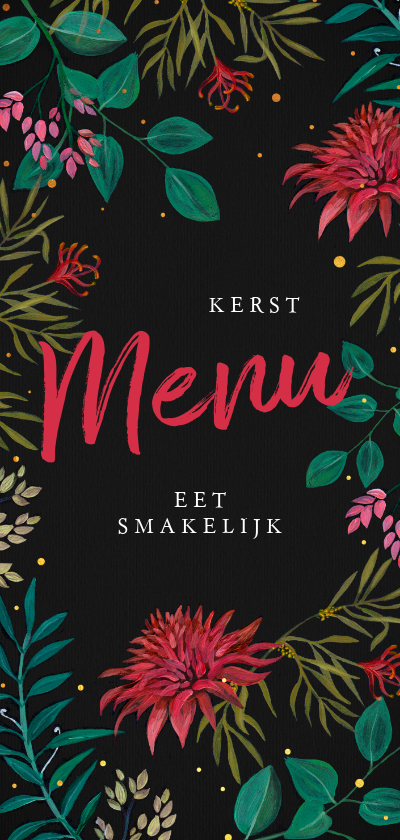 Menukaart met rode bloemen voor een sfeervol kerstdiner - Kerstkaarten Kerstkaarten - Menukaart met rode bloemen voor een sfeervol kerstdiner