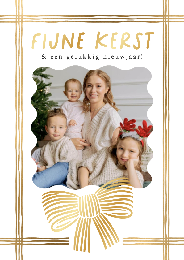 Kerstkaarten - Minimalistische kerstkaart lint strik lijntekening goud foto